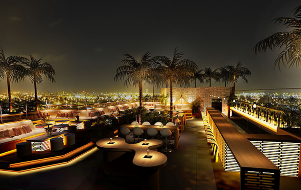 Desain rooftop dengan bar dan lounge yang eksklusif